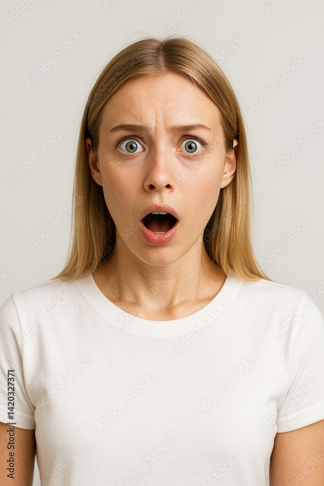 A young woman showing an expression of fear, with wide eyes and a tense posture. Her face reflects panic and anxiety, captured in a dramatic, intense moment. A young woman showing an expression of fear, with wide eyes and a tense posture. Her face reflects panic and anxiety, captured in a dramatic, intense moment.