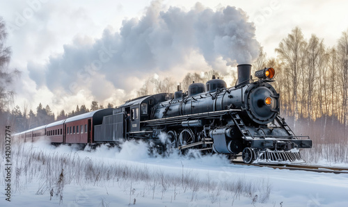Steam locomotive traveling through snowy landscape with vintage passenger cars.