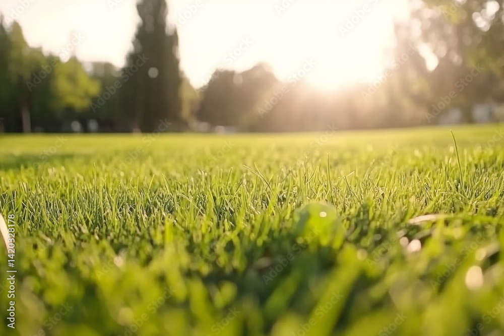 Lush green grass field bathed in golden sunlight. Close-up view of vibrant foliage. Gentle bokeh effect of trees and buildings in the background. Perfect summer day outdoors Lush green grass field bathed in golden sunlight. Close-up view of vibrant foliage. Gentle bokeh effect of trees and buildings in the background. Perfect summer day outdoors
