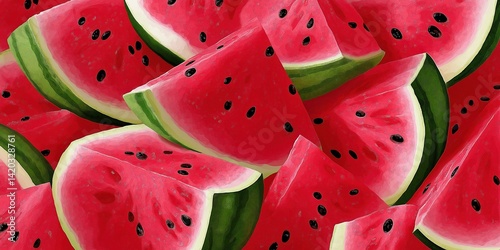 A close up of watermelon slices with black seeds. Concept of freshness and summertime, as watermelon is a popular fruit during the warmer months. The slices are arranged in a visually appealing manner