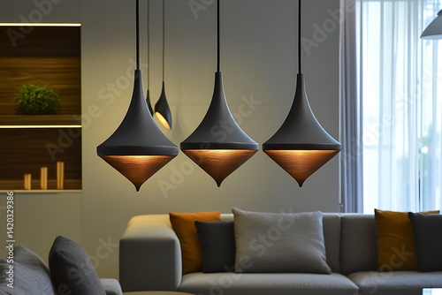 Three black lights hanging with ceiling in living room