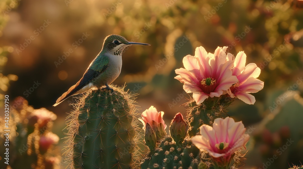 Fototapeta premium Hummingbird on cactus blossom, desert sunset