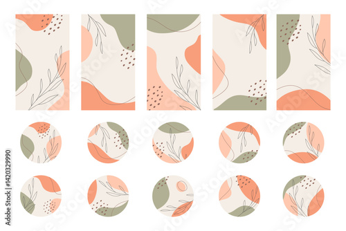 Collection of editable story templates and highlight covers. Vector illustration of organic hand drawn in pastel color. Trendy design for social media marketing
