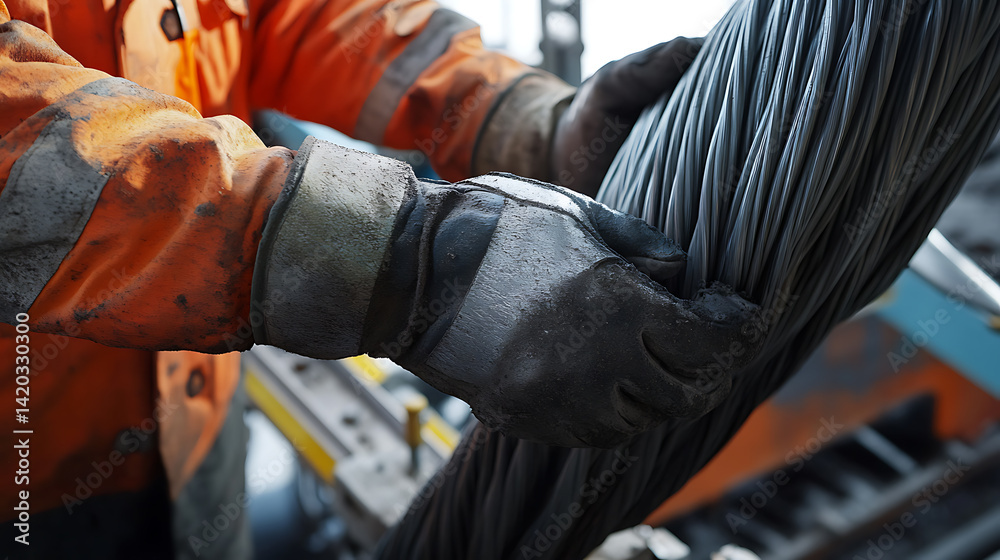 Senior lithium mine worker inspecting steel cables for conveyor maintenance. Featuring precision and care Senior lithium mine worker inspecting steel cables for conveyor maintenance. Featuring precision and care