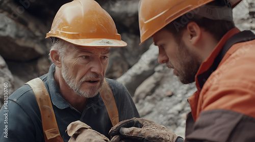 Senior lithium miner demonstrating drilling technique to a younger worker. Featuring mentorship and expertise