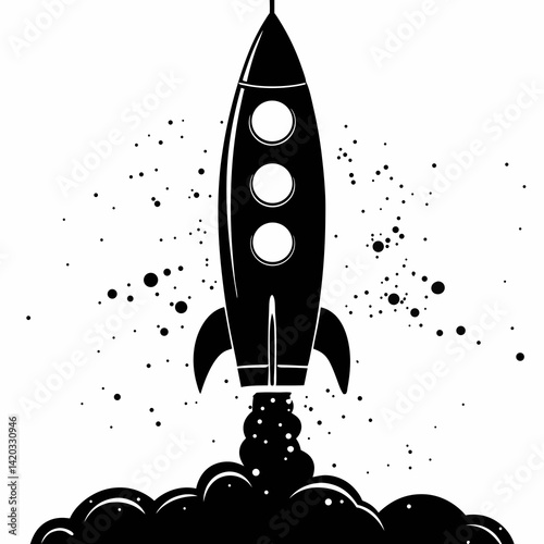 black and white outline rocket launch icon