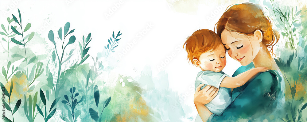Mother and child embracing in serene nature setting with soft watercolor style, copy space for text.