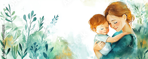 Obraz na płótnie Mother and child embracing in serene nature setting with soft watercolor style, copy space for text. w salonie