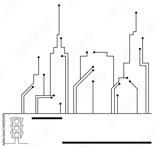 Stylized urban skyline blended with circuit designs symbolizing technology and connectivity. Traffic light adds urban context. Ideal for smart cities, innovation, technology, connectivity