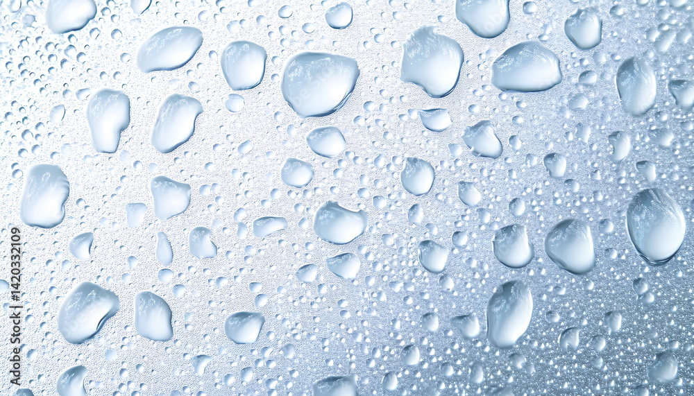 Water droplets on blue surface photographed in a studio, focusing on abstract close-up texture Water droplets on blue surface photographed in a studio, focusing on abstract close-up texture