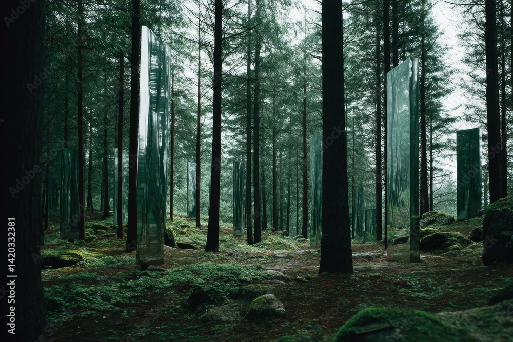 Fototapeta premium Forest landscape with reflective monoliths, surreal scene of nature and technology