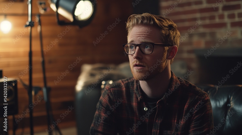 Man in glasses sitting on a couch, thoughtful background Man in glasses sitting on a couch, thoughtful background