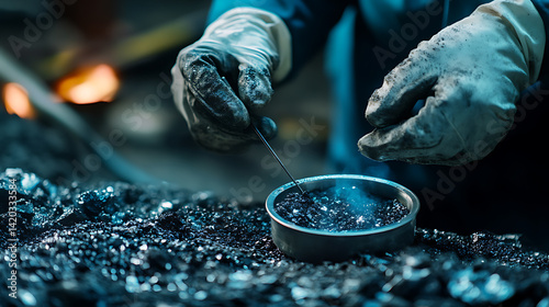 Worker assessing ore purity in a lab with advanced mineral testing equipment. Featuring laboratory analysis and quality control