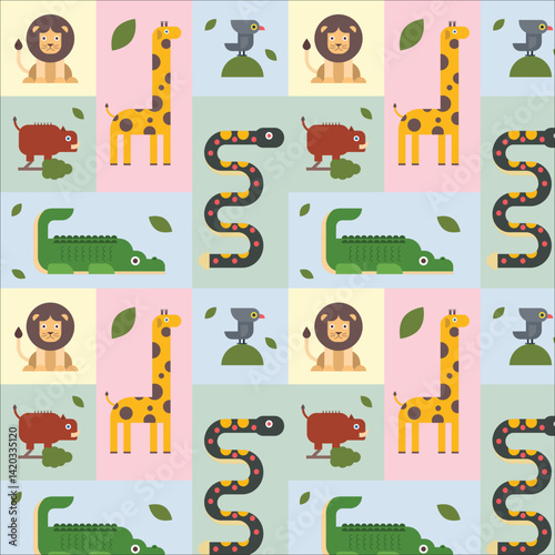 Vector seamless pattern with cartoon safari jungle animals zebra, lion, elephant, crocodile, giraffe, leopard, rhinoceros, hippopotamus. Outline hand drawn print. Safari animals in doodle style
