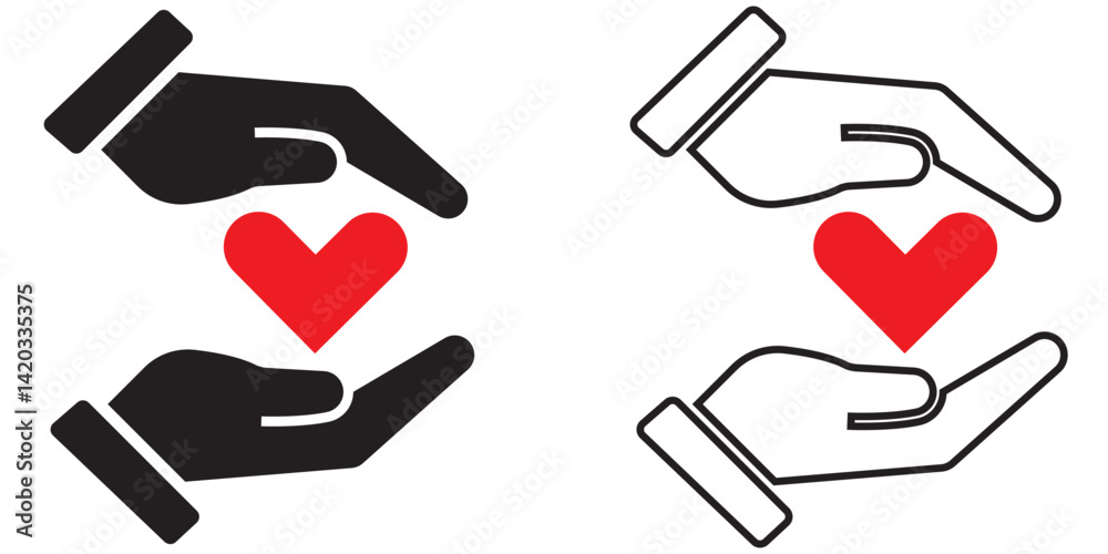Obraz premium Heart in hand icons set. Hands holding heart icon. Love icon. Health, medicine symbol. Healthcare hands holding heart flat and line style - stock vector.