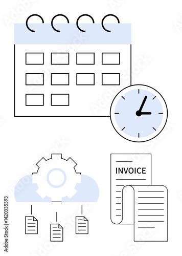 Calendar and clock for scheduling, gear with cloud and files for automation, invoice for payments. Ideal for productivity, organization, automation, finance, workflow time tracking planning. Flat