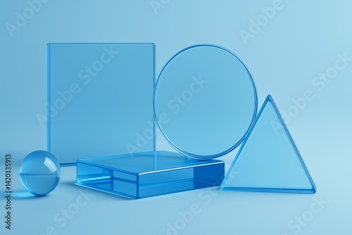 Abstract Composition of Transparent Blue Geometric Shapes on Gradient Background