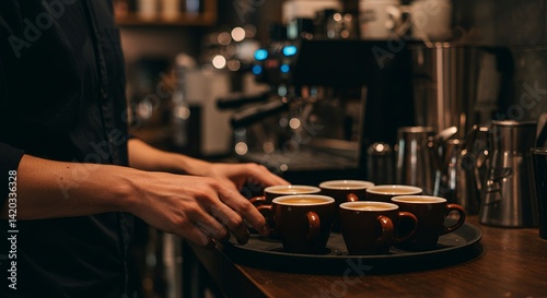 A barista holds a tray of coffeefilled mugs ready to serve in a cafe photo