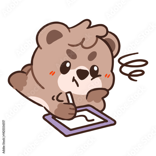 Cute Cartoon Bear Thinking Hard While Drawing on Digital Tablet