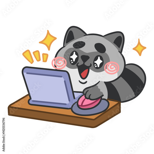 Adorable Raccoon Character Thrilled with Computer and Mouse
