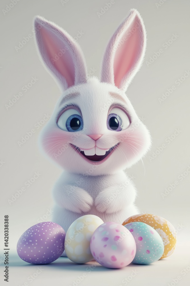 Fototapeta premium Minimal White Rabbit with Vibrant Easter Eggs on Clean Background – A Peaceful and Joyful Symbol of Springtime, Renewal and Positive Energy