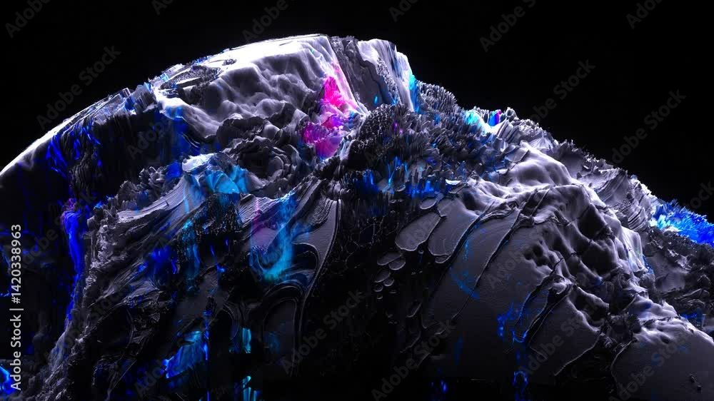 3d render of abstract art with surreal mineral geology stone object ocean coral reef or asteroid or winter ice cold mountain rock stone object on a black background with neon fluorescent glow elements