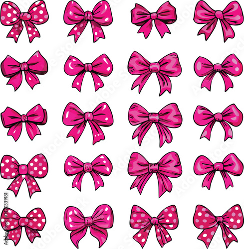 Collection of Pink Bows with and without Polka Dots for Design Elements