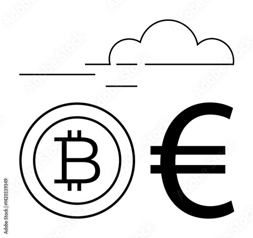 Bitcoin logo next to Euro symbol under minimal cloud lines. Ideal for cryptocurrency, finance, trading, technology, cloud storage, blockchain, digital economy. Modern flat simple metaphor