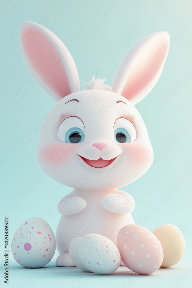 Fototapeta premium Adorable White Bunny Surrounded by Colorful Easter Eggs on White Background – A Whimsical Celebration of Spring, Innocence and Joyful Family Moments