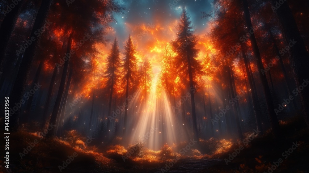 Fototapeta premium Fiery forest sunset. Sunbeams pierce through trees