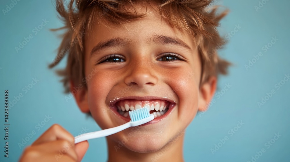 Child brushing teeth with a bright smile against blue Child brushing teeth with a bright smile against blue