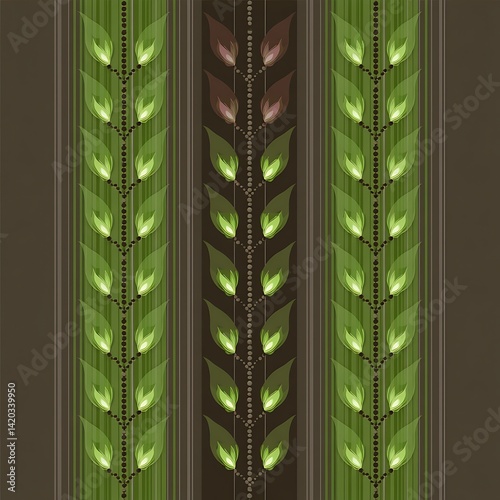 Vertical Foliage Pattern in Brown and Green Aesthetic Design for Interior Wall Decoration.