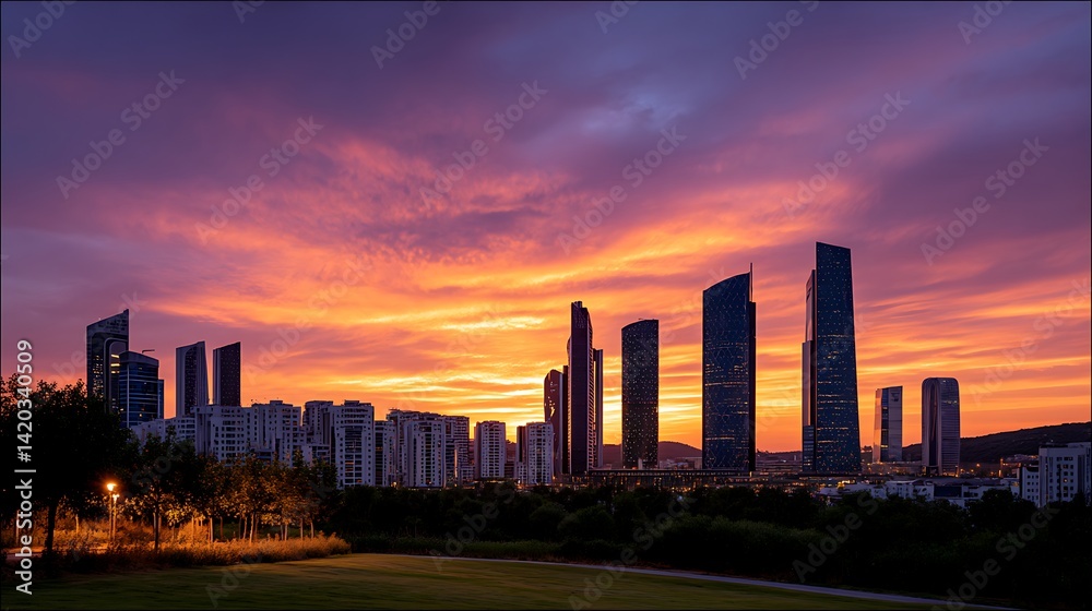 Fototapeta premium Vibrant Cityscape Silhouettes at Dusk with Fiery Orange Sky and Modern Buildings Architecture.