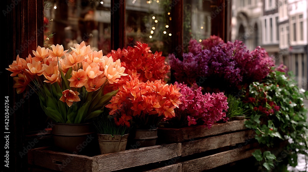 Obraz premium Vibrant Floral Display Bursting with Color and Beauty at European Flower Shop Window Display Outside.