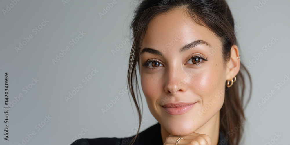 Confident Gaze: A young woman with radiant skin and brown hair in a low ponytail gazes directly at the camera with a confident and friendly smile. Confident Gaze: A young woman with radiant skin and brown hair in a low ponytail gazes directly at the camera with a confident and friendly smile.