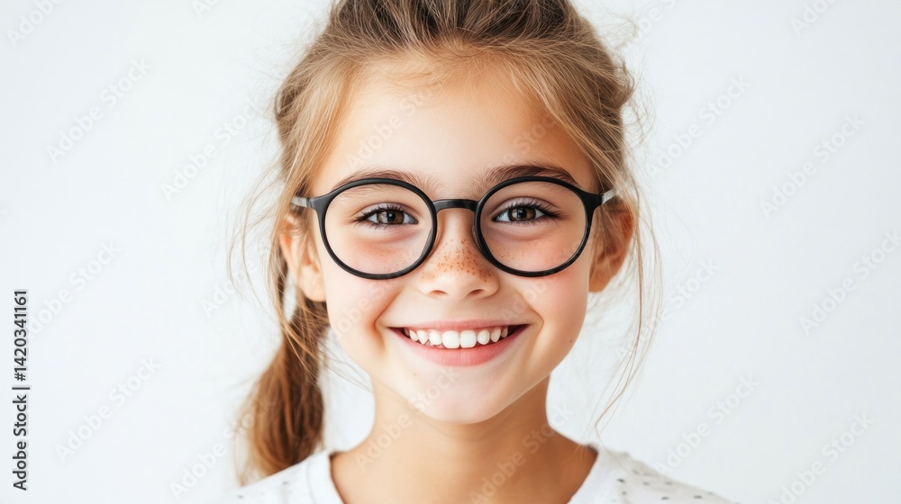 Smiling girl with glasses in bright indoor setting Smiling girl with glasses in bright indoor setting