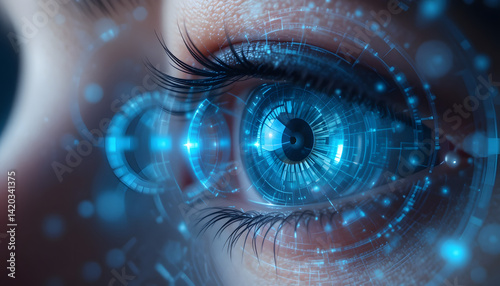 A detailed closeup of a human eye, showcasing the iris and pupil, with superimposed circular graphical elements symbolizing vision analysis or ophthalmology diagnostic technology.