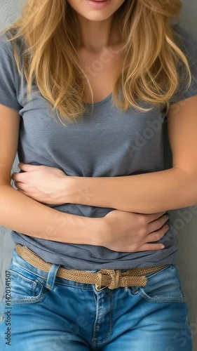 Abdominal distress: female suffering, menstruation ache, bladder irritation, pelvic discomfort, cystitis pain, lower abdomen issue, reproductive distress, body reaction, health concern, urinary pain. photo