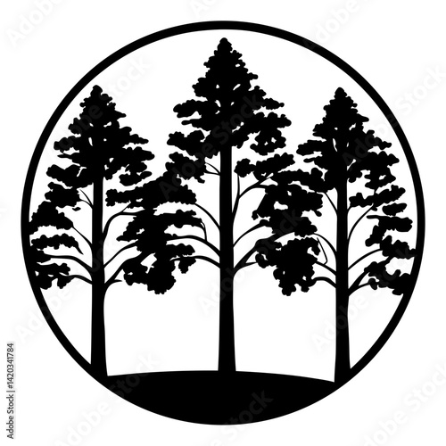 Silhouette of three coniferous trees set within a circular emblem frame