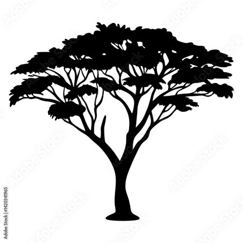Silhouette of a tree with broad canopy isolated on a white background