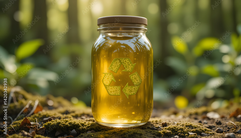 glass jar adorned with the universal recycling symbol, set against a lush forest backdrop, symbolizing eco-friendly packaging solutions for a sustainable, zero waste lifestyle glass jar adorned with the universal recycling symbol, set against a lush forest backdrop, symbolizing eco-friendly packaging solutions for a sustainable, zero waste lifestyle