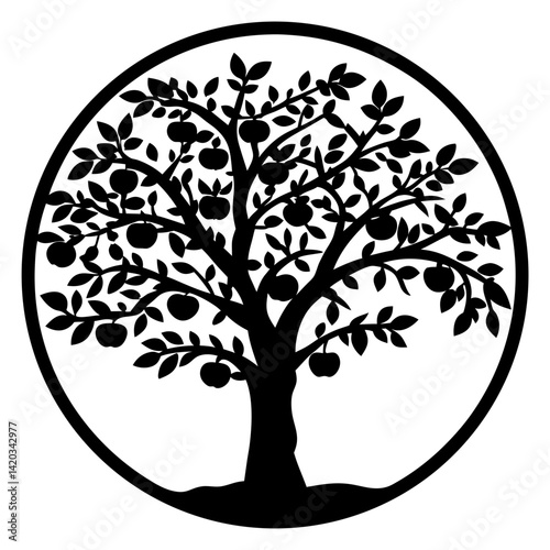 Monochrome Illustration of an Apple Tree within a Circle, Symbolic and Bold