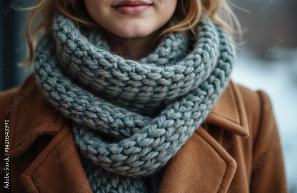 Young woman in warm winter outfit wears blue knit scarf and brown coat. Seasonal apparel for cold weather fashion. Cozy, soft accessory for cold season autumn style.