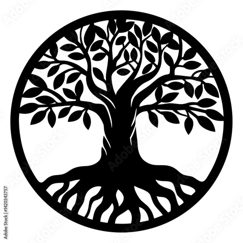 Symbolic Tree of Life in a Circle with Intricate Roots and Branches