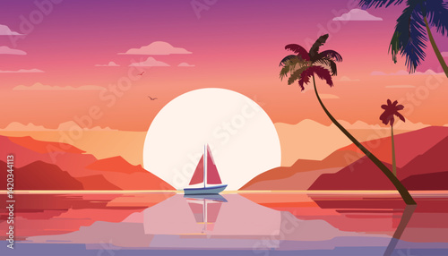 vibrant tropical sunset with a sailboat reflecting on calm water framed by silhouetted palm trees and distant hills under a colorful gradient sky vector illustration

