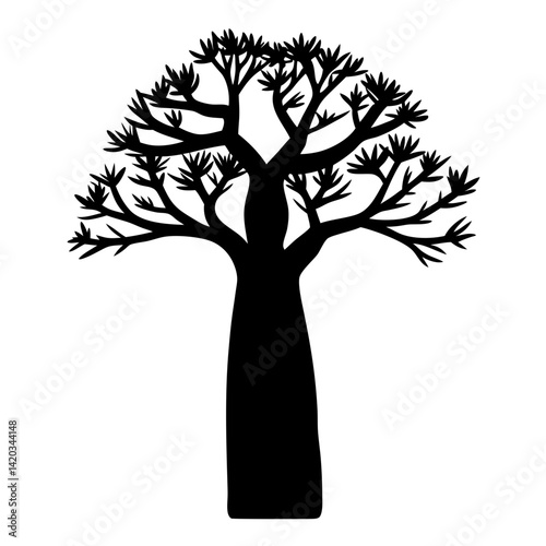 Black and white silhouette of a baobab tree against a white background