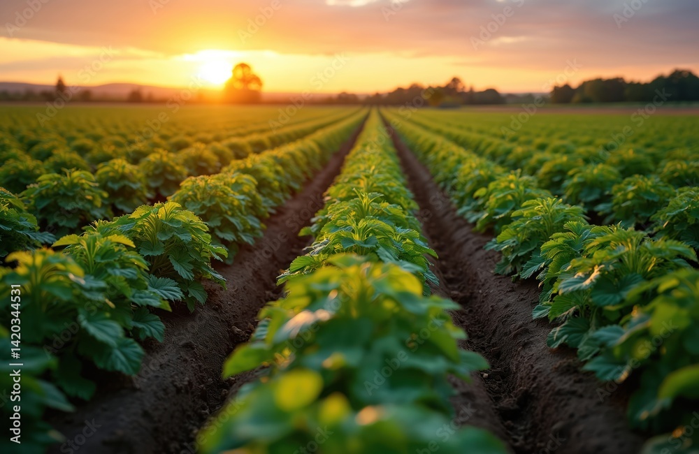 Naklejka premium Agricultural field with even rows of potatoes in summer sunset light. Farming rows of plants with green leaves at sunset. Growing potatoes, food production, harvest, rural landscape. Eco agriculture.