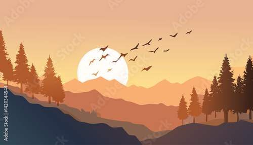vibrant mountain and forest landscape at sunrise with silhouetted pine trees on layered hills under a warm glowing sky with birds flying towards the rising sun vector illustration

