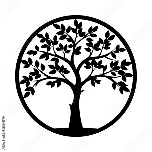 Black and white vector illustration of a tree inside of a circle
