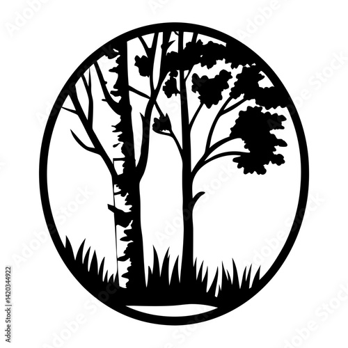 Silhouette of forest trees with blades of grass inside a circle design
